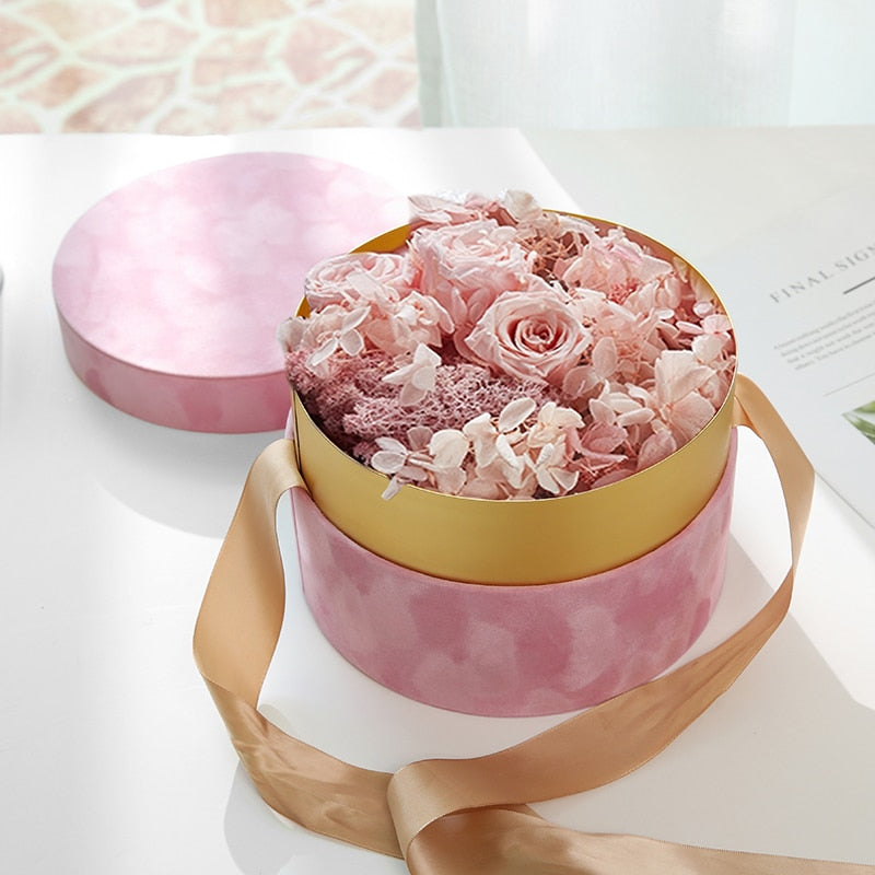 Round Velvet Flower Hat Box with Ribbon Bow